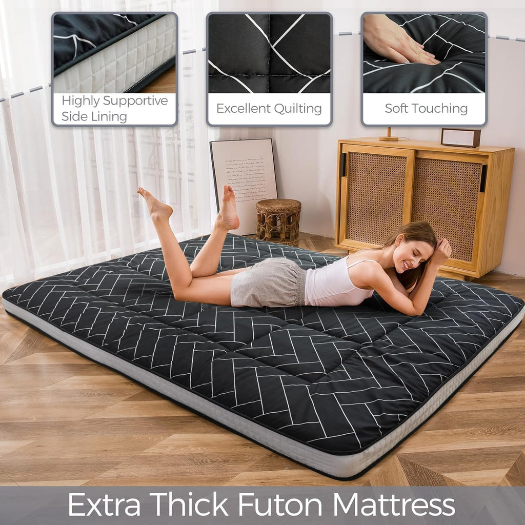 MAXYOYO Black Geometric Pattern Futon Mattress, Japanese Floor Mattress Quilted Mattress Topper, Extra Thick Folding Sleeping Pad Breathable Floor Lounger Guest Couch for Camping, Queen