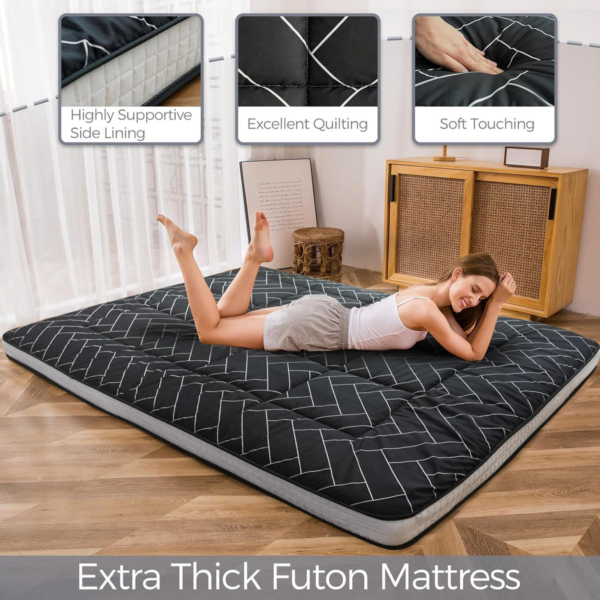 MAXYOYO Black Geometric Pattern Futon Mattress, Japanese Floor Mattress Quilted Mattress Topper, Extra Thick Folding Sleeping Pad Breathable Floor Lounger Guest Couch for Camping, Full