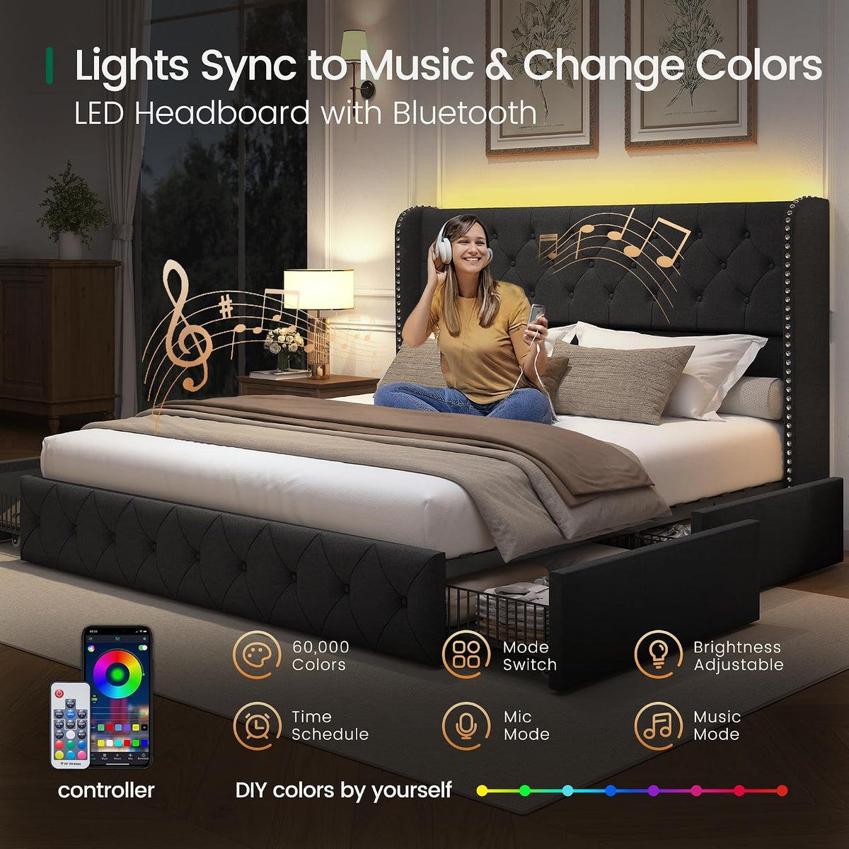 LARMACE King Size Bed Frame with LED Lights and 4 Storage Drawers Linen Upholstered Platform Bed Frame with 47.2' Tall Tufted Headboard Wingback, No Box Spring Needed, Easy to Assemble, Dark Grey