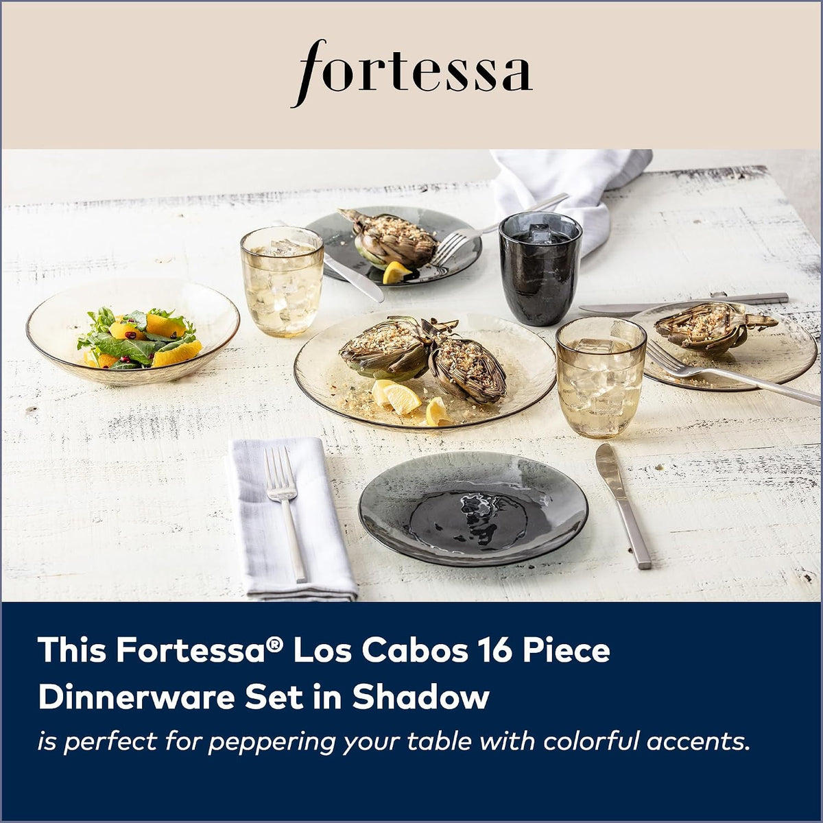 FORTESSA Los Cabos Tableware, 16-Piece Glass Dinnerware Set with 4 Dinner Plates, 4 Salad Plates, 4 Coupe Bowls and 4 Cereal Bowls, Dishwasher-Safe Glass Plate Set, Shadow Black