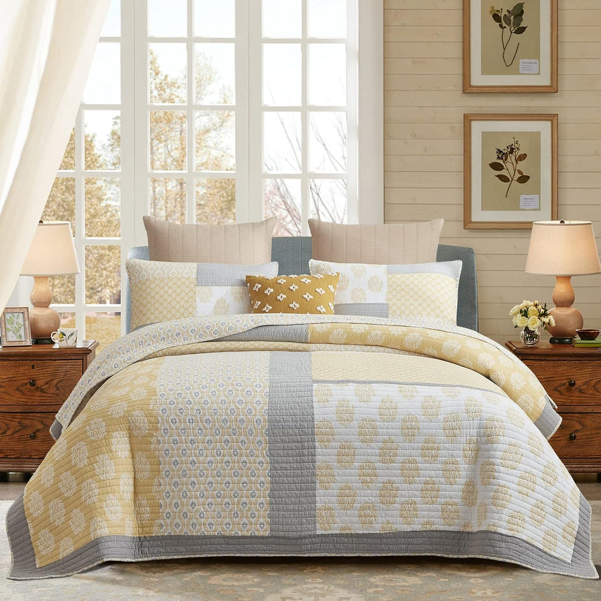 PANGUSHAN Quilt Set King Size,100% Cotton Bedspread Quilt Bedding Set,Floral Patchwork Quilt Set for King Bed,Yellow/Grey/White Bed Spread,Lightweight Comforter Reversible Quilt,All Season,3 Pieces