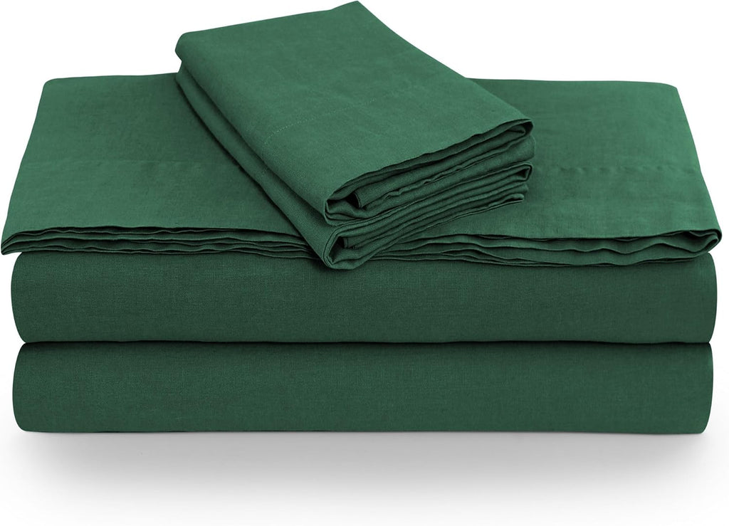 Tribeca Living 100% French Linen 4-Piece Bed Sheet Set, Jade Green, Queen Sheets - Extra Deep Pocket Bed Sheet Set, European Flax Certified, Garment Washed, Solid