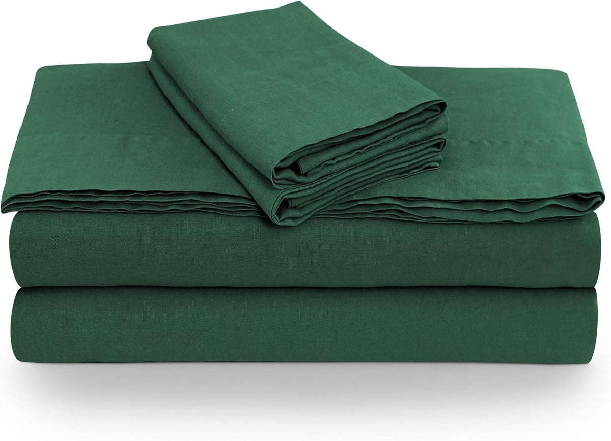 Tribeca Living 100% French Linen 4-Piece Bed Sheet Set, Jade Green, Queen Sheets - Extra Deep Pocket Bed Sheet Set, European Flax Certified, Garment Washed, Solid