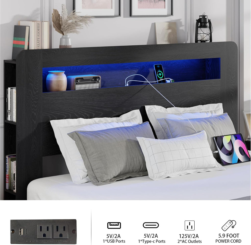 King Size Wooden Bed Frame with Bookcace Storage Headboard, Rustic Farmhouse Bedframe with LED Lights and Charging Station, Sturdy and Stable, Slat Support, No Box Spring Required (Black, King)