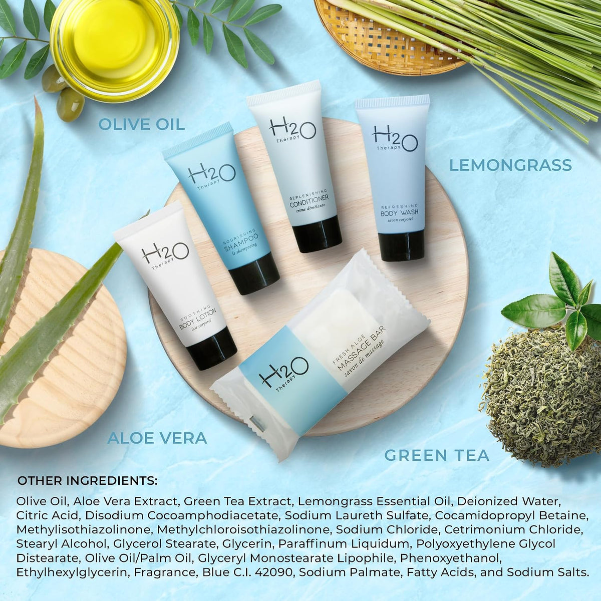 H2O Therapy Hotel Soaps & Toiletries Bulk Set | 1-Shoppe Amenities Kit | 0.85oz Shampoo & Conditioner, Body Wash, Lotion, 1oz Bar Soap | Travel Size | 300 Pieces