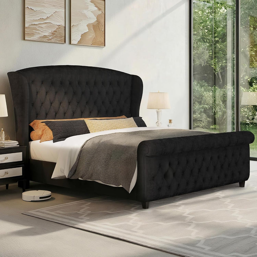 LUXOAK Queen Size Platform Bed Frame, Velvet Upholstered Sleigh Bed with Curved Headboard & Footboard, Deep Button Tufted, Wood Slats Support, No Box Spring Needed, Black