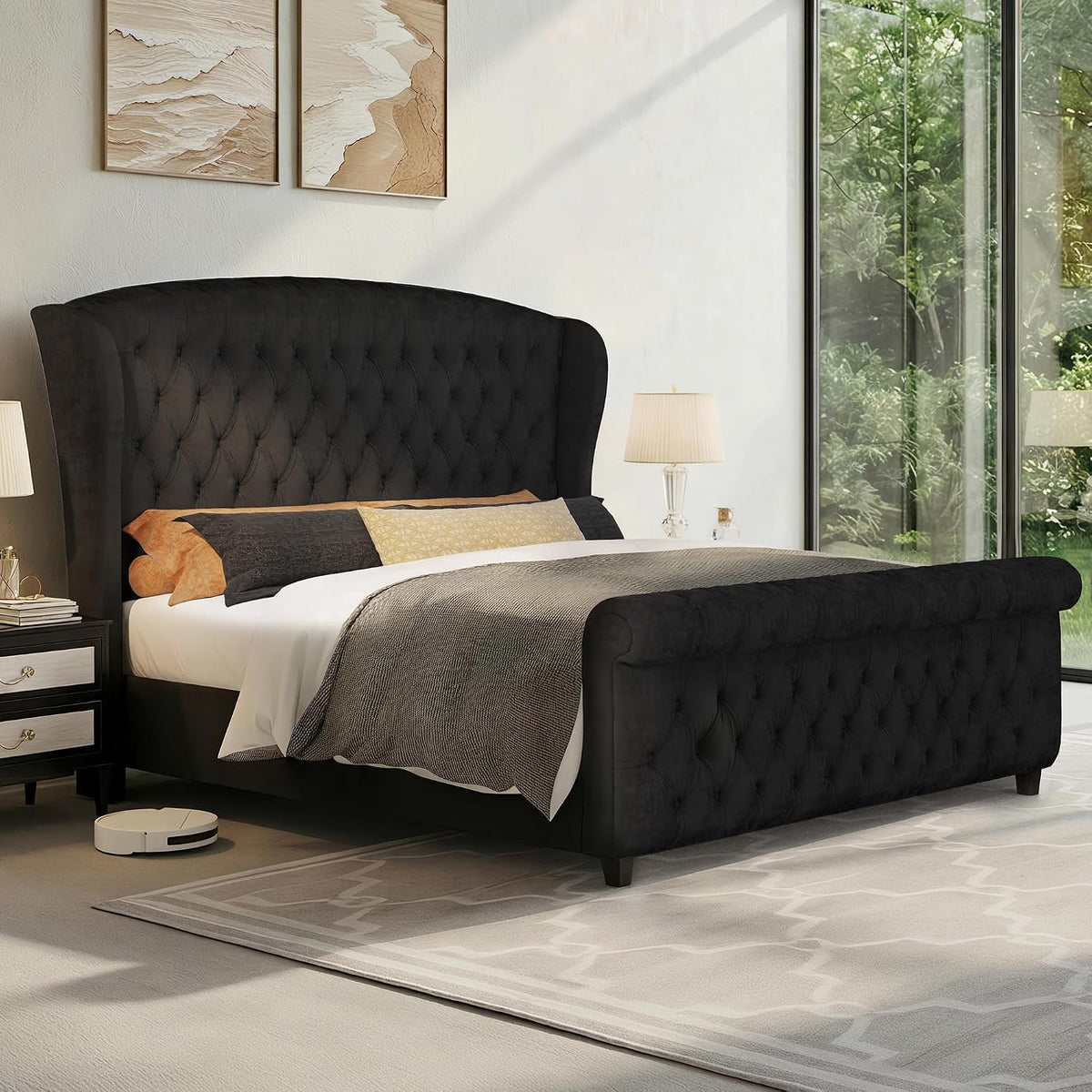 LUXOAK Queen Size Platform Bed Frame, Velvet Upholstered Sleigh Bed with Curved Headboard & Footboard, Deep Button Tufted, Wood Slats Support, No Box Spring Needed, Black