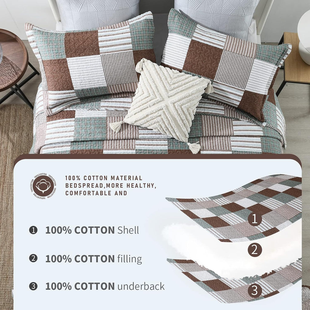 Finlonte Quilt King Size - 100% Cotton King Size Comforter Set Brown Green White Plaid Farmhouse Quilt Bedding Set, Reversible Lightweight Soft Bedspread, Quilted Coverlet All-Season, 3-Piece
