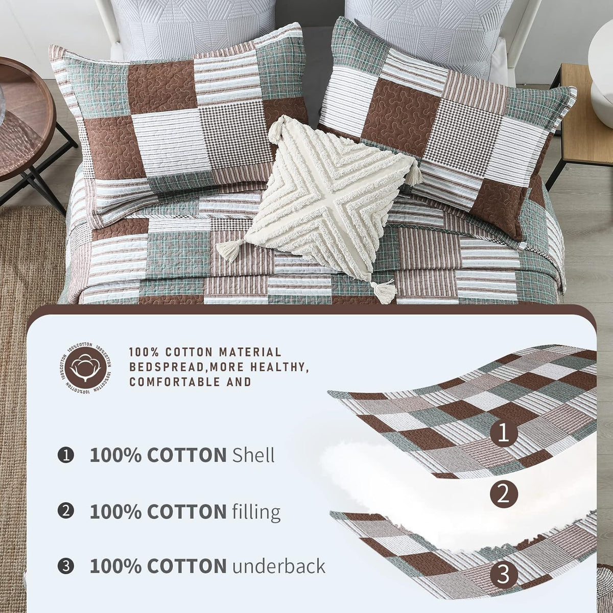 Finlonte Quilt King Size - 100% Cotton King Size Comforter Set Brown Green White Plaid Farmhouse Quilt Bedding Set, Reversible Lightweight Soft Bedspread, Quilted Coverlet All-Season, 3-Piece