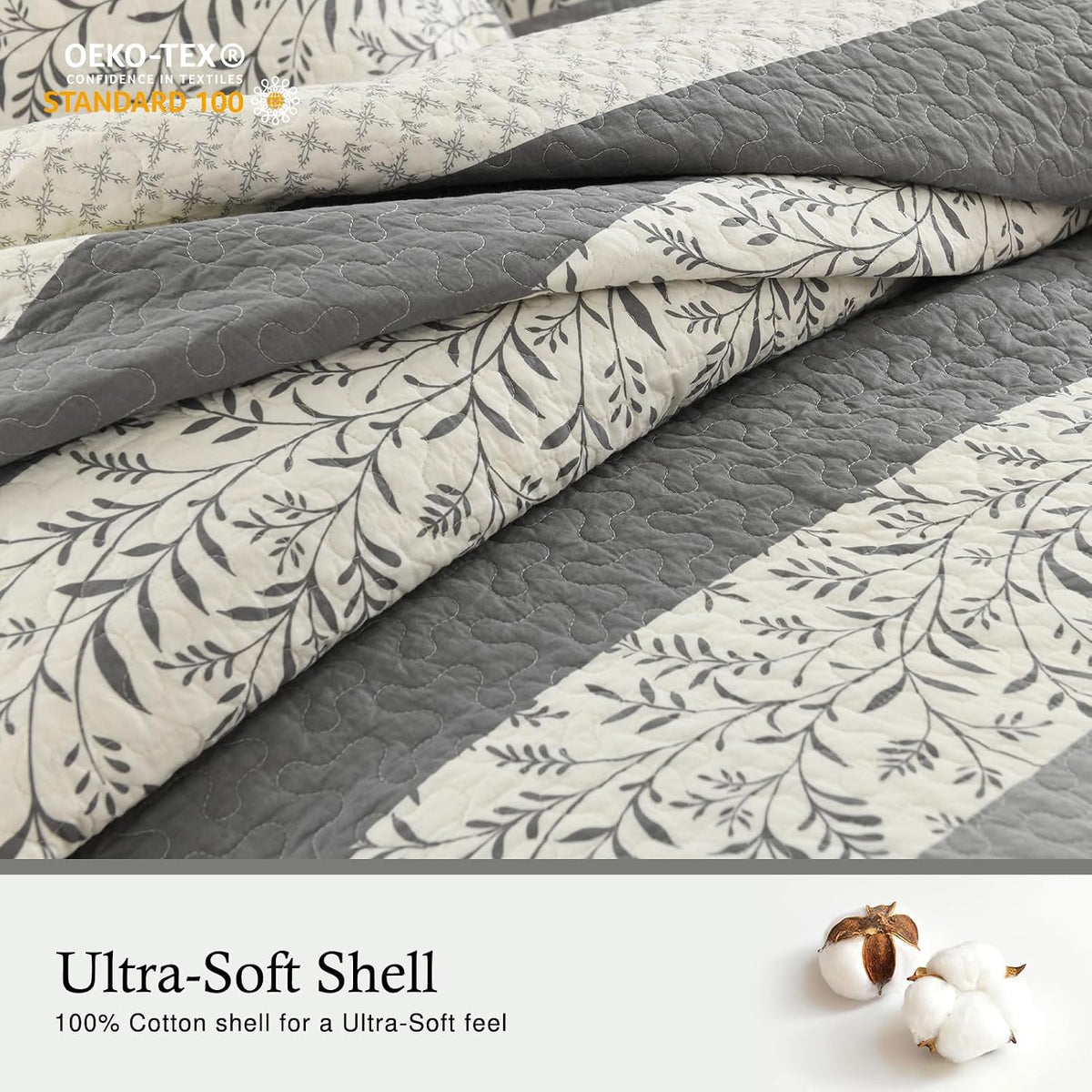 Stripe Quilts Queen Size - 100% Cotton Lightweight Quilt Bedding Set 3 Pieces, Vintage Vine Pattern Quilted Bedspread with 2 Pillow Shams, Farmhouse Printed Coverlet for All Season, Gray