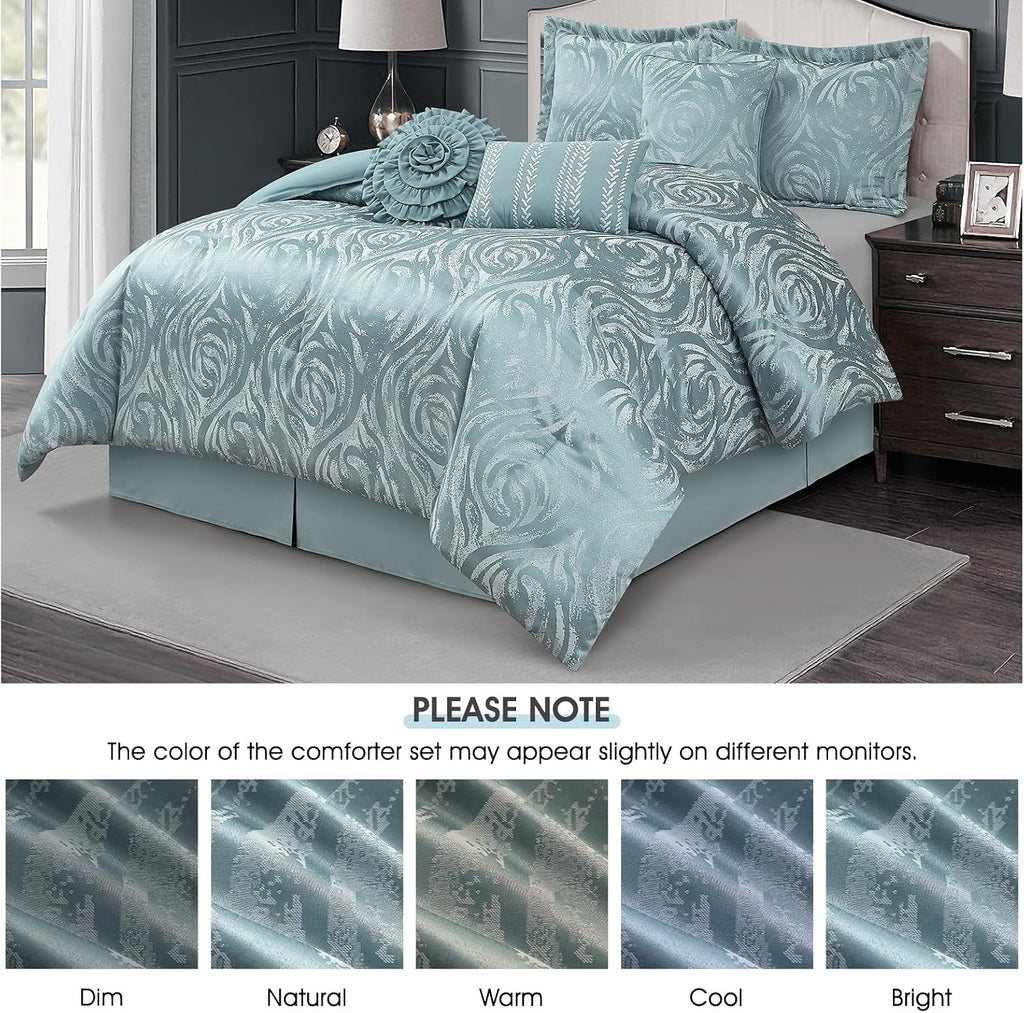 LANCO MODERN LIFESTYLE Blue 7 Piece Comforter Set, Queen, Elegant Floral Jacquard, Ultra Soft Bed Set for All Seasons, Bed in a Bag, Include Comforter, Bed Skirt, Pillow Shams & Decor Pillows