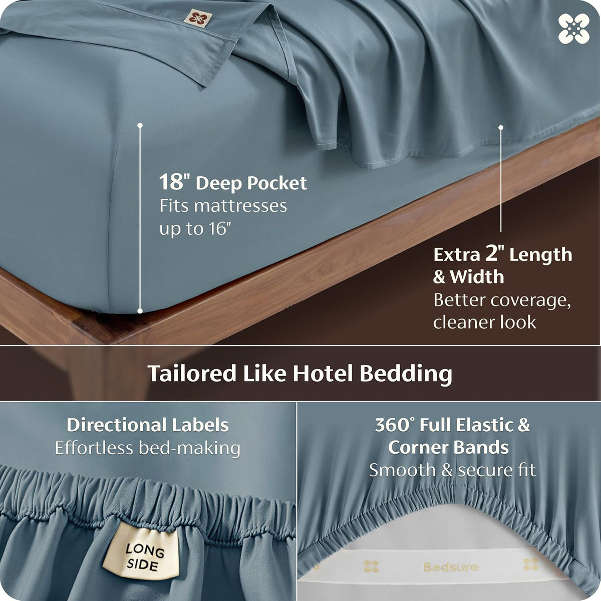 Bedsure 100% Giza Egyptian Cotton Sheets King Size - Luxury Hotel Sheets 18' Deep Pocket with 4 Corner Straps, PureWoven Soft & Beathable Sateen Weave Bedsheets (Dusty Blue,King)