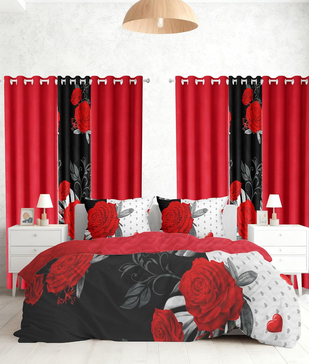 9 pcs Cal King Bed in a Bag with Curtains | Boho Red Rose Bedspread, Pillowcases, Print & Solid Curtains | Microfiber, Moisture-Wicking | Bedspread and Curtain Sets | RV & Outdoor Ready