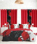 9 pcs Cal King Bed in a Bag with Curtains | Boho Red Rose Bedspread, Pillowcases, Print & Solid Curtains | Microfiber, Moisture-Wicking | Bedspread and Curtain Sets | RV & Outdoor Ready