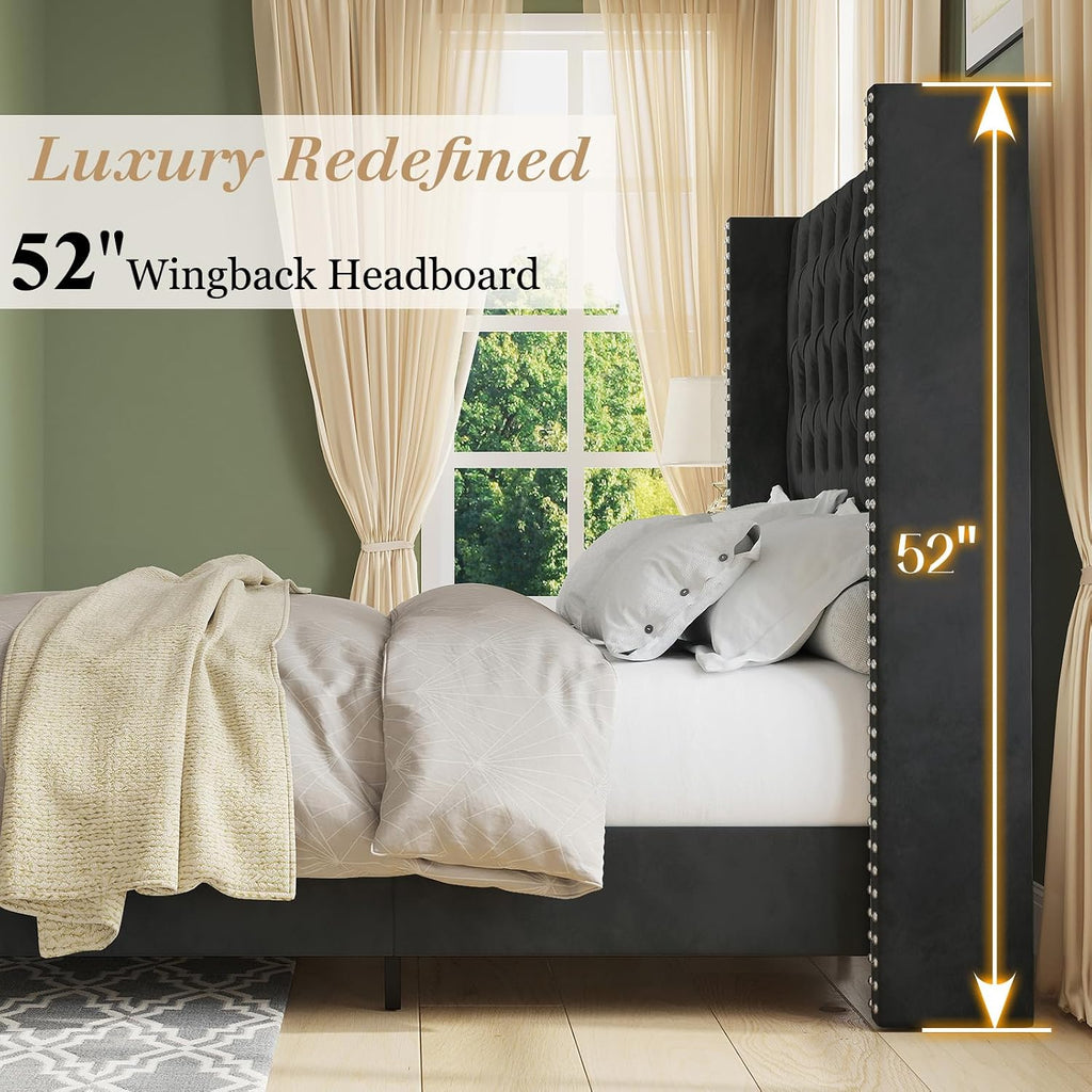 Jocisland Queen Size Bed Frame with 51.6' Wingback Tufted Velvet Headboard, Modern Upholstered Platform Bed, No Box Spring Needed, Easy Assembly, Black