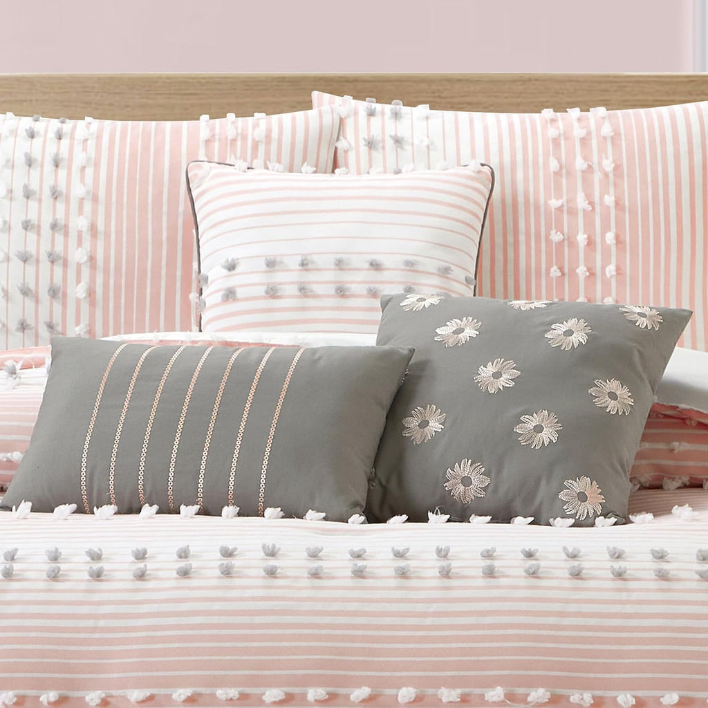 LANCO MODERN LIFESTYLE King Comforter Set, Pink, Jaquard Clip Striped Design, Elegant Soft 7 Pieces Bedding Set for All Seasons, Matching Bedskirt, Pillow Shams and Decor Pillows