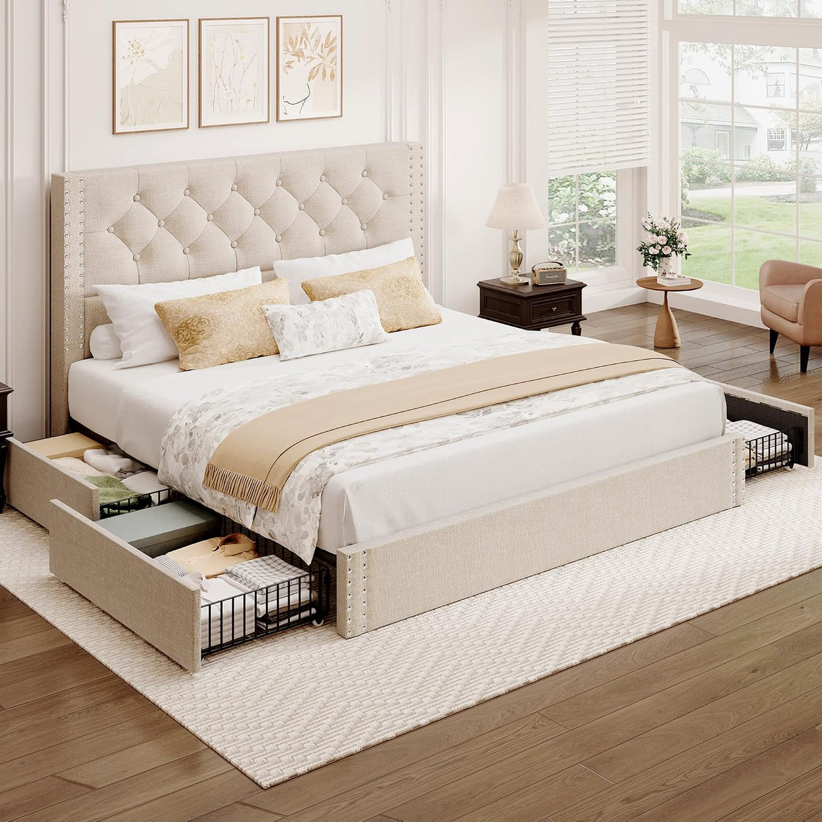 BRELTAM Queen Size Bed Frame with 4 Storage Drawers and Tufted Headboard Linen Upholstered Platform Bed Frame with Heavy Duty Wood Slats, No Box Spring Needed, Beige