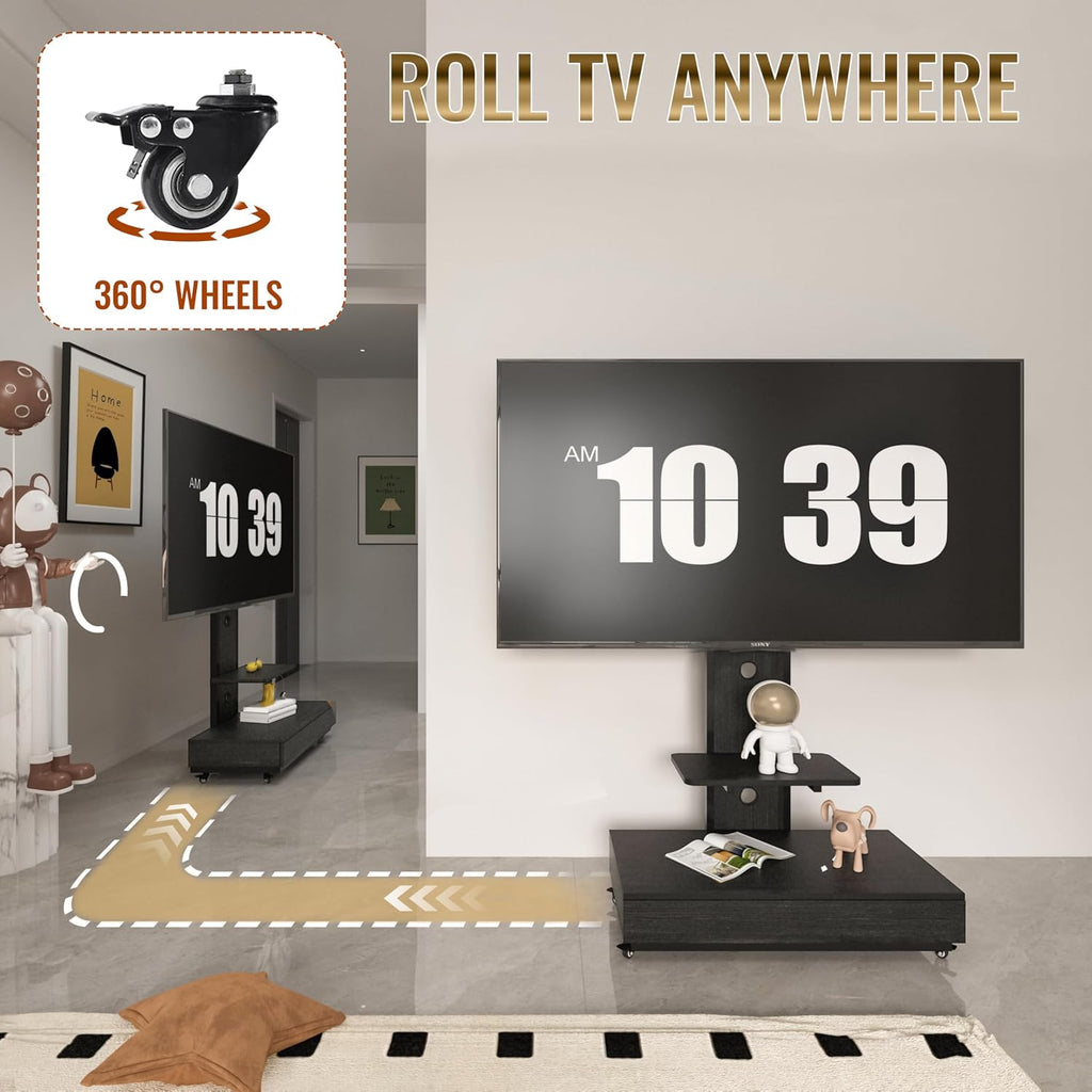 TV Stand with Sliding Drawer, Floor Stand with Lockable Wheel Mount, 32-75 Inch Mobile TV Cart for Living Room, Bedroom, Office