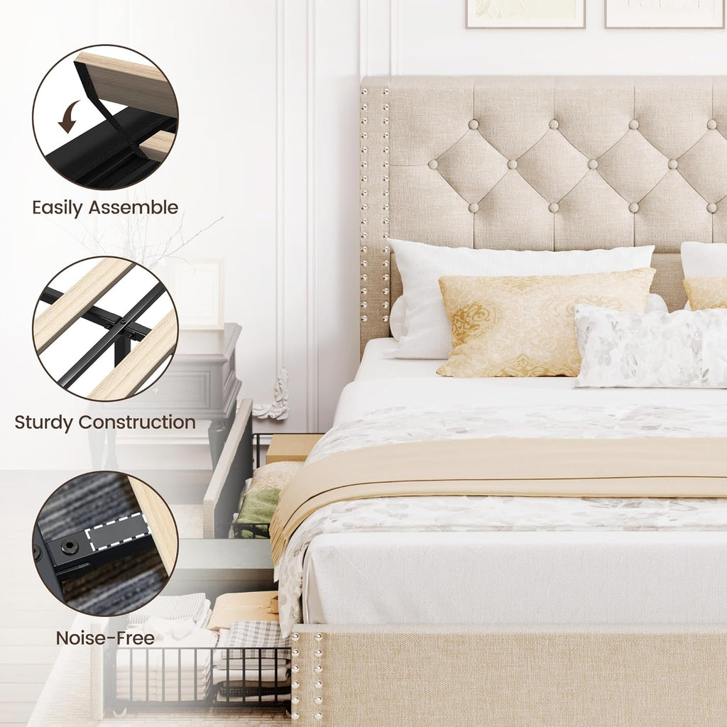 BRELTAM Queen Size Bed Frame with 4 Storage Drawers and Tufted Headboard Linen Upholstered Platform Bed Frame with Heavy Duty Wood Slats, No Box Spring Needed, Beige