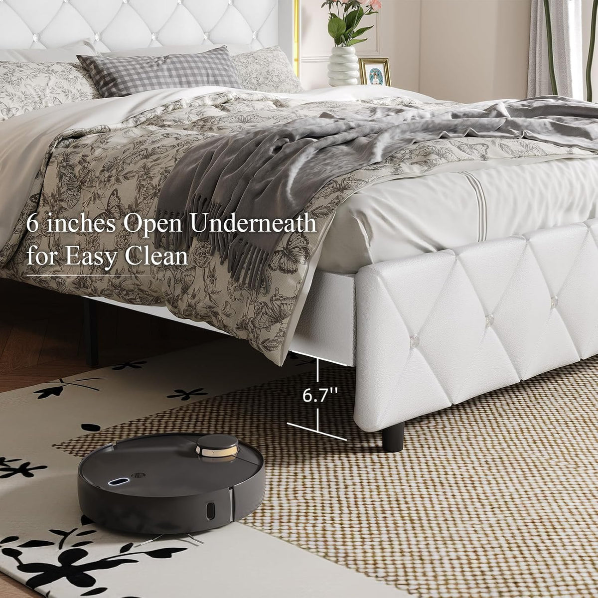 HOMBCK Full Bed Frame with Headboard, PU Leather Platform Bed with Wingback, Modern Bed Frame with Diamond Tufted, No Box Spring Needed, Easy Assembly, White