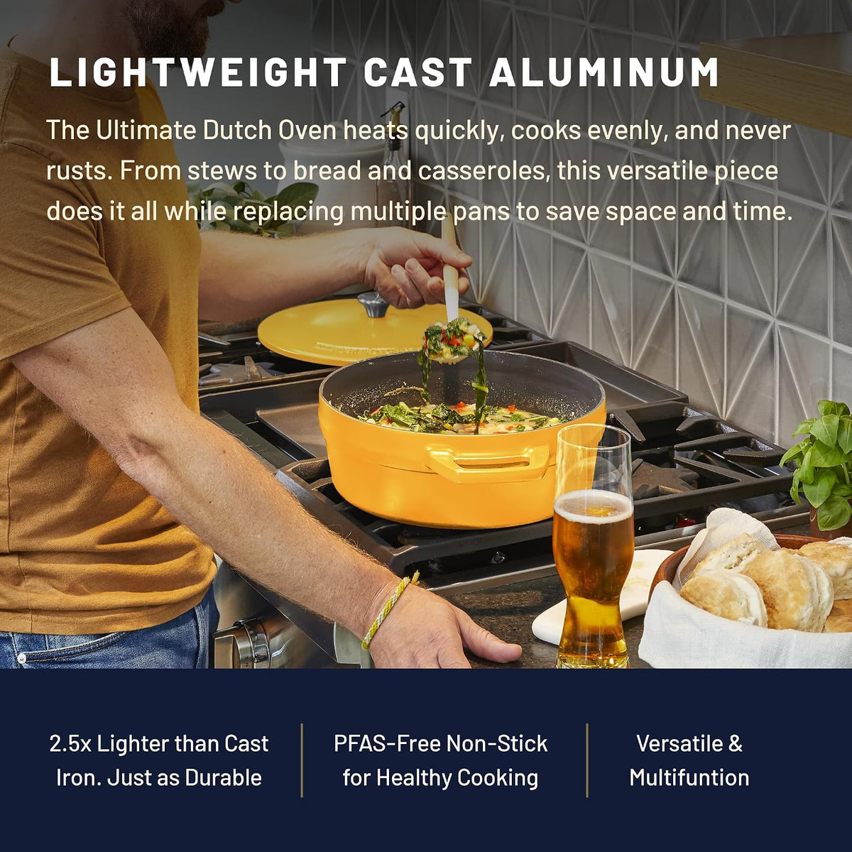 All American 1930 - Dutch Oven - The Saucier Set, Mustard Yellow - 5.5qt Capacity - Perfect for Sauces, Soups & Simmering - Non Stick & PFAS Free - Made in the USA