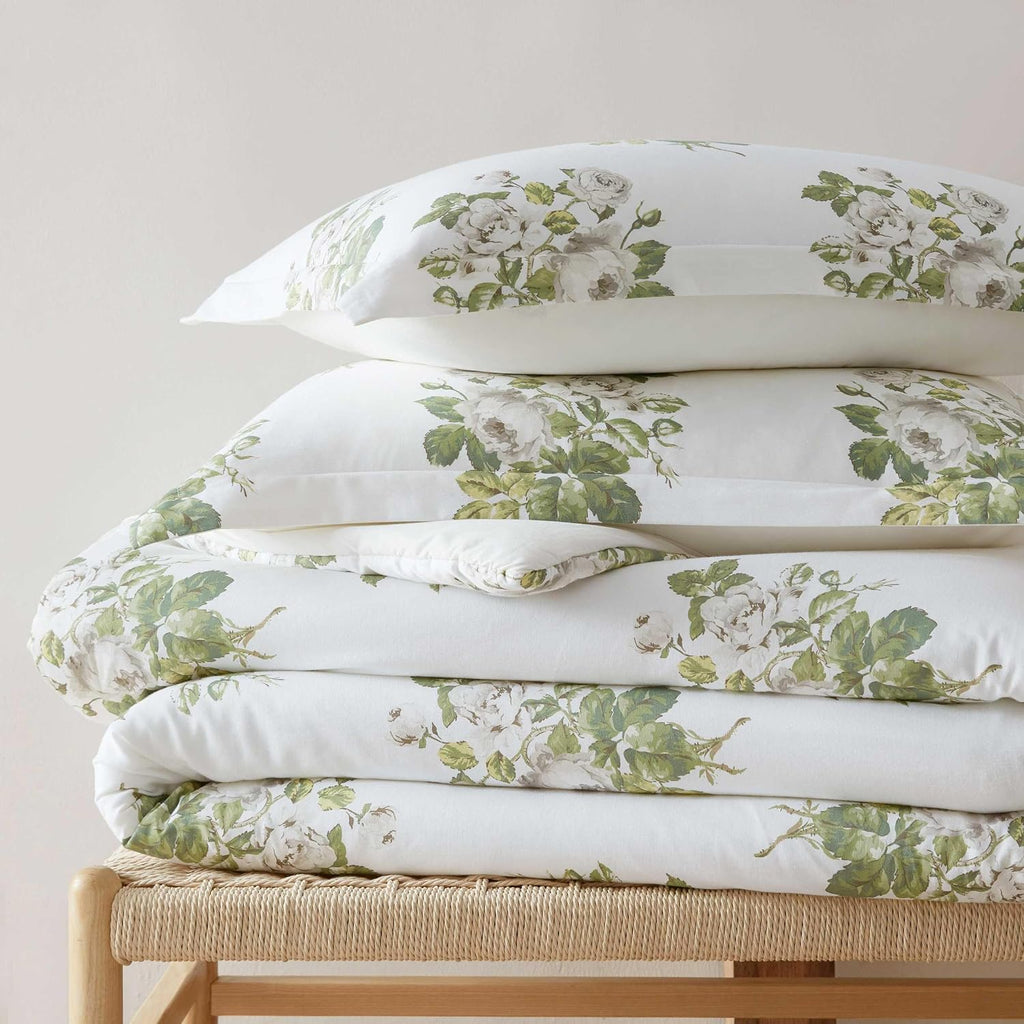 Martha Stewart - Queen Comforter Set, Smooth Sateen Front with Subtle Sheen & Lightweight Cotton Percale Reverse, 3 Piece Bed Set with Matching Pillowcases (Eloise Floral Grey)