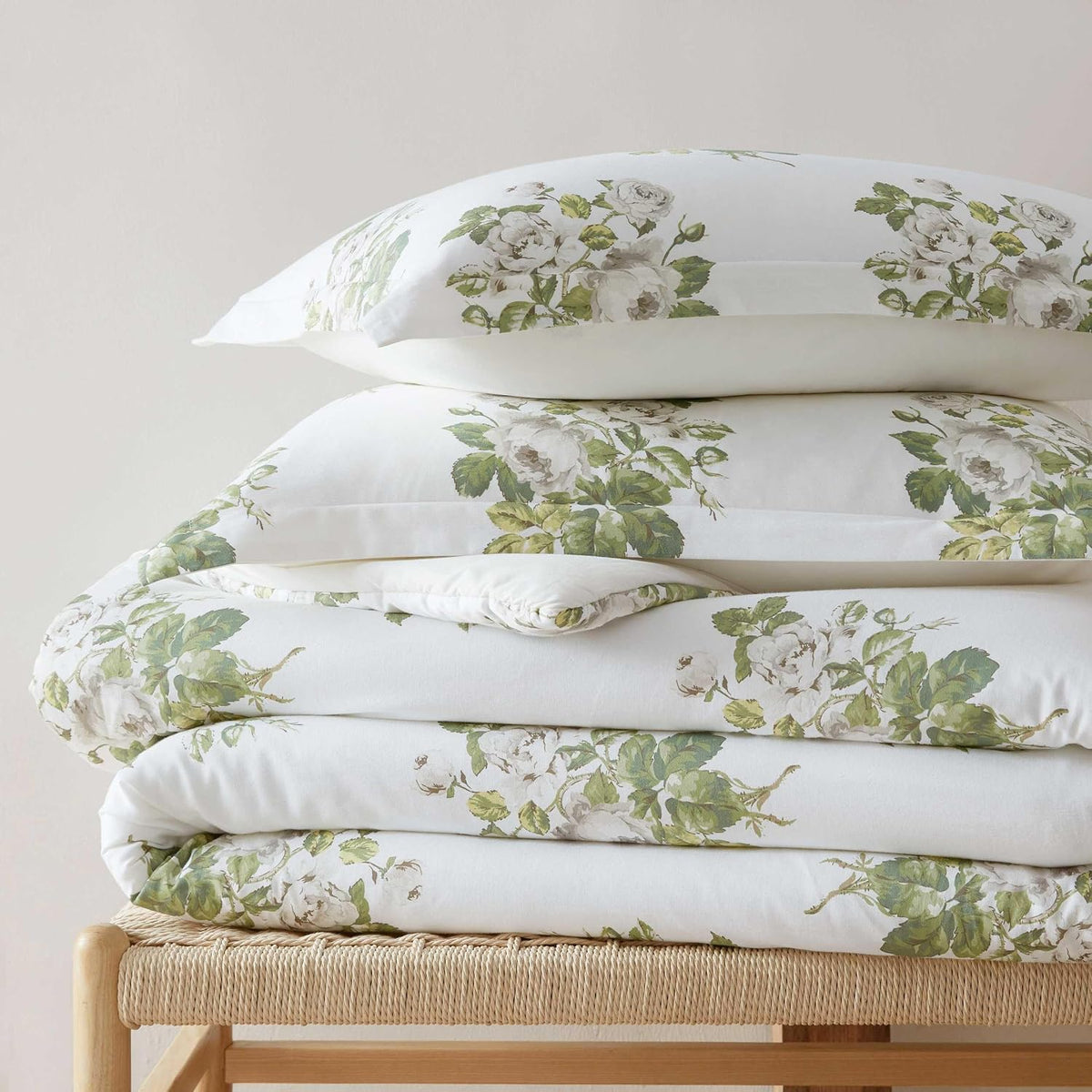 Martha Stewart - Queen Comforter Set, Smooth Sateen Front with Subtle Sheen & Lightweight Cotton Percale Reverse, 3 Piece Bed Set with Matching Pillowcases (Eloise Floral Grey)