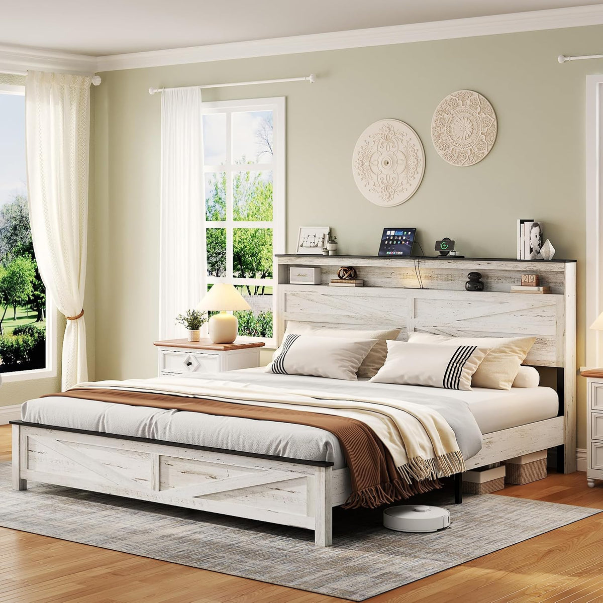 Farmhouse King Size Bed Frame with Headboard Storage Shelf, Wood Platform Bed Frame with LED Lights & Charging Station, Rustic White Metal Bed, No Box Spring Needed, Noise-Free Sturdy Structure