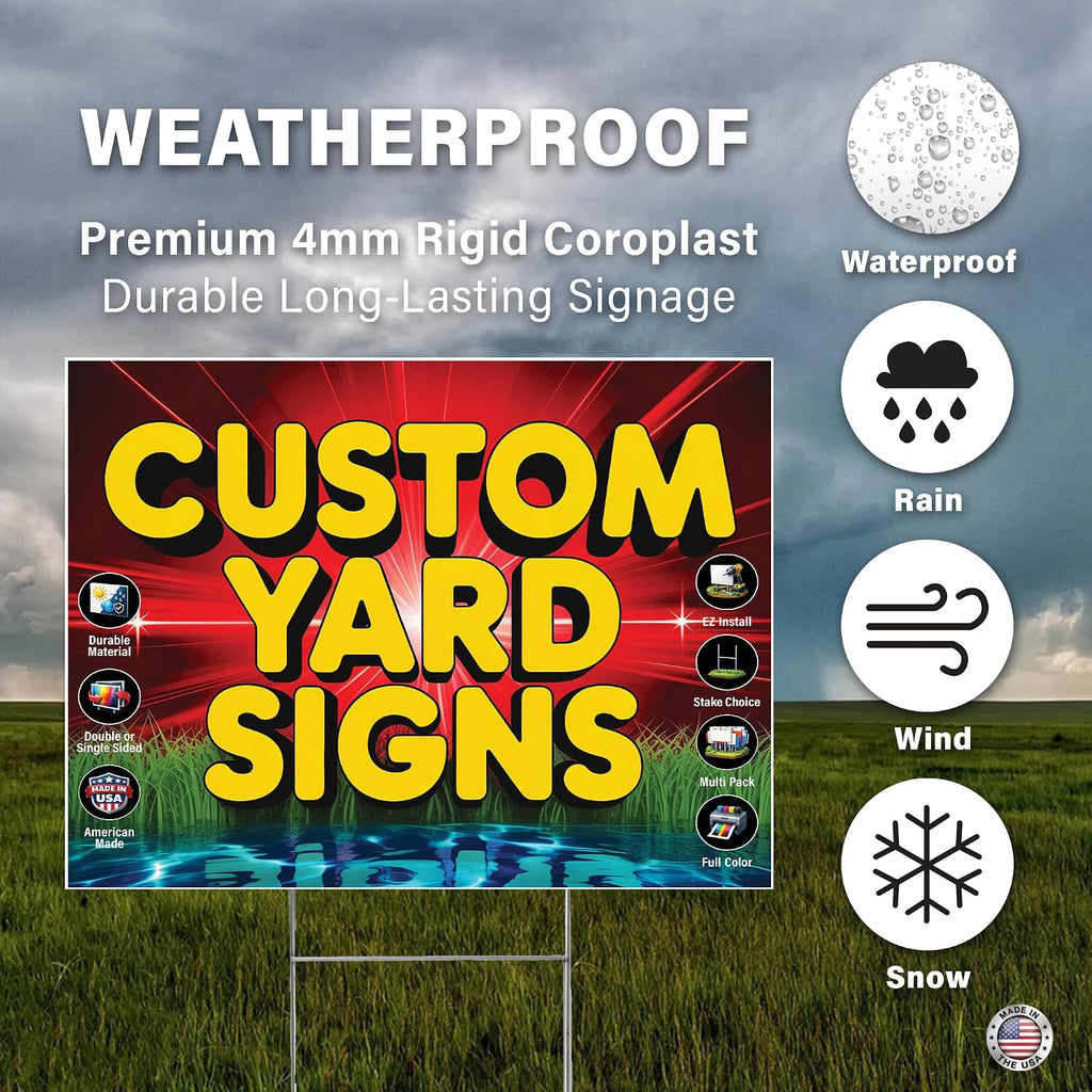 50 Pack of 24x18 inch Custom Yard Signs, Double and Single Sided Print, Metal H-Stakes, Durable 4mm Coroplast, Personalized Full Color Printing (50pk)