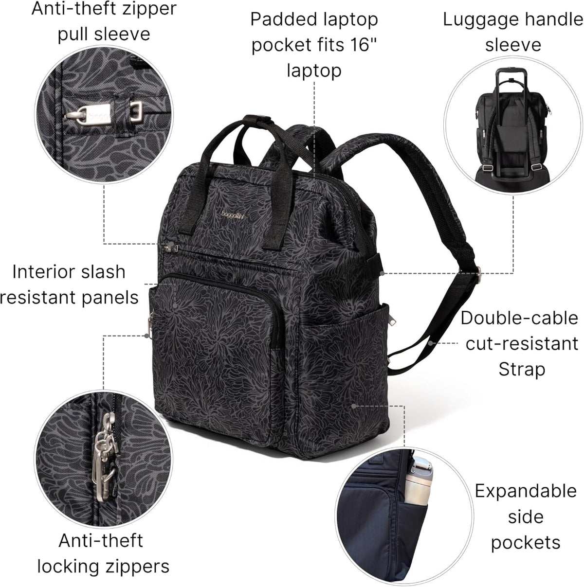 Baggallini Securtex Anti-Theft Windsor Backpack for Travel, Work & College, RFID & Locking Zipper, Up to 16' Laptop