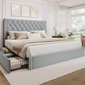 BRELTAM King Size Bed Frame with 4 Storage Drawers and Tufted Headboard Velvet Upholstered Platform Bed Frame with Heavy Duty Wood Slats, No Box Spring Needed, Bluish Grey
