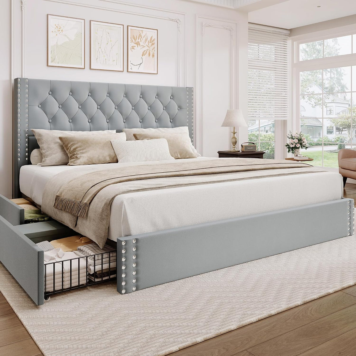 BRELTAM King Size Bed Frame with 4 Storage Drawers and Tufted Headboard Velvet Upholstered Platform Bed Frame with Heavy Duty Wood Slats, No Box Spring Needed, Bluish Grey