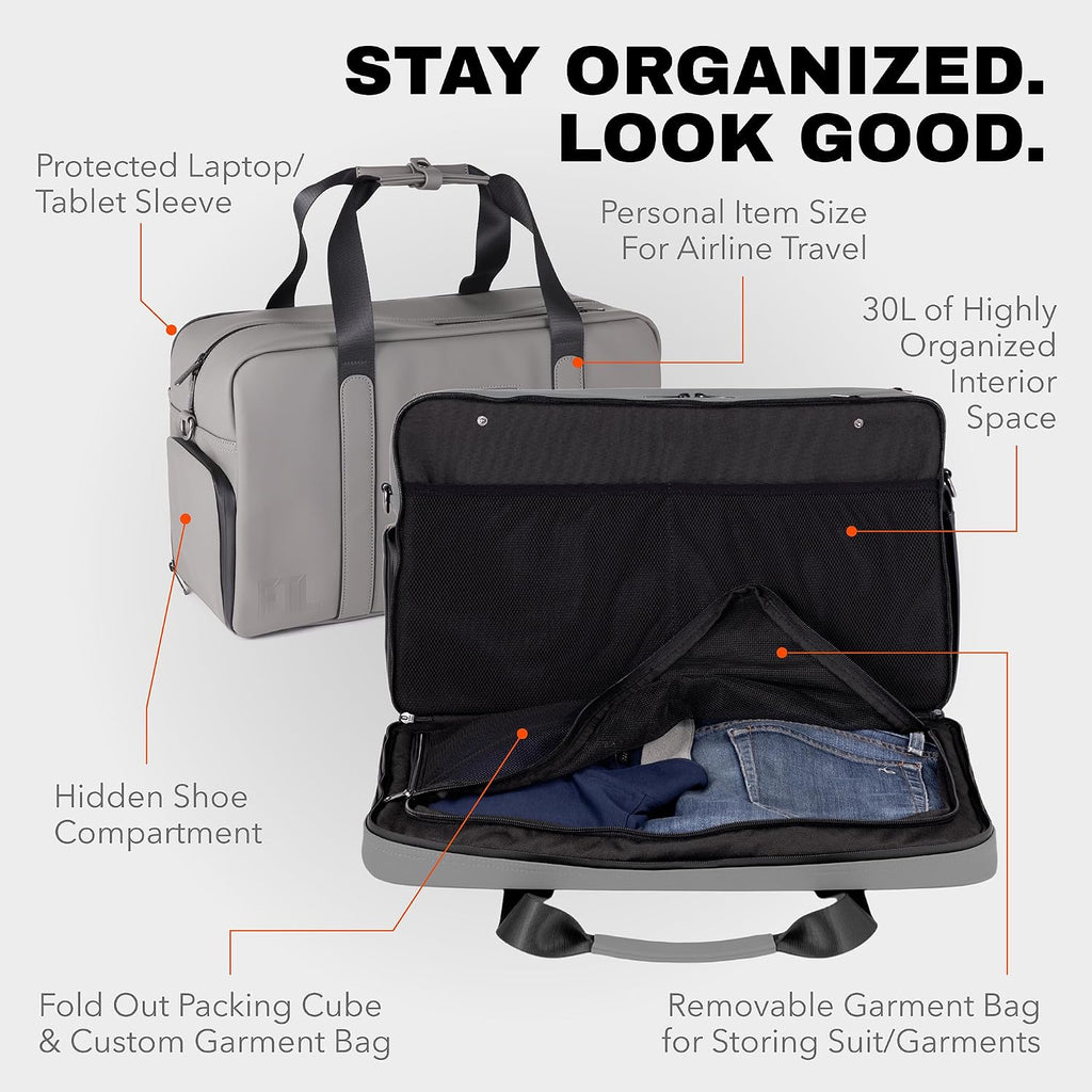 The FTL Pro Mens Travel Bag - 30L Premium Work to Gym Weekender Duffel with Garment Bag, Shoe Space & 18' Laptop Sleeve - Organized Athletic Business Carry On Hybrid, Fits Under Airplane Seat - Grey