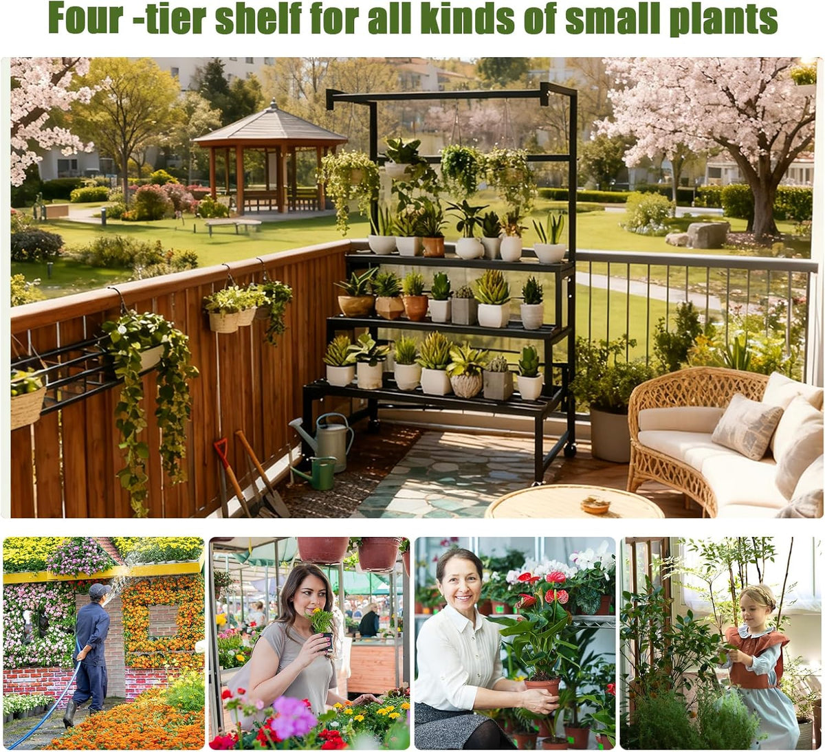 4Tier Sturdy Metal Plant Stand with Wheels, 39.9x24x65 Inch HighBlack Multiple Tiered Flower Display ，Heavy Duty Succulent Shelf for Home Indoor and Outdoor，Stair Shape，440 LBS Capacity (39in)