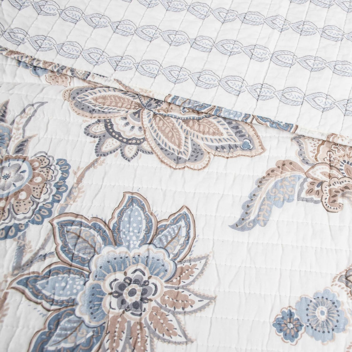 Levtex Home - Selesta Blue Quilt Set - King Quilt and Two King Shams - Floral - Blue Taupe Grey - Quilt (106x92in.) and Shams (20x36in.) - Reversible - Cotton