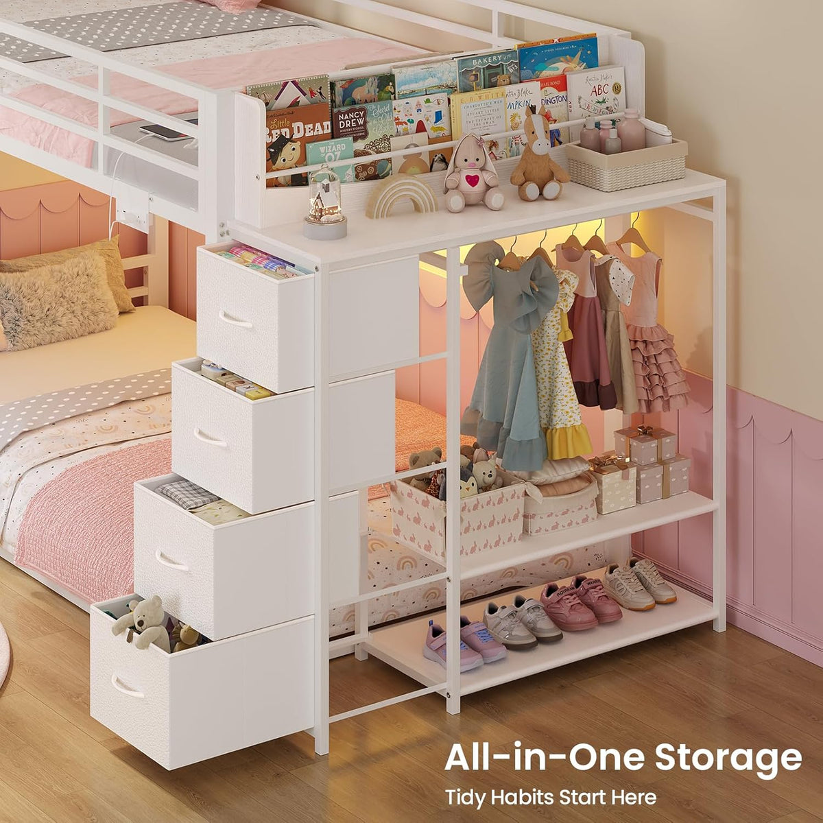 ADORNEVE Low Bunk Bed Twin Over Twin with Bookshelf, 4 Storage Drawers, Metal Kids Bunk Bed with Power Outlet & RGB Lights, Clothing Rack & Shelves, Safety Guardrail & Ladder, White