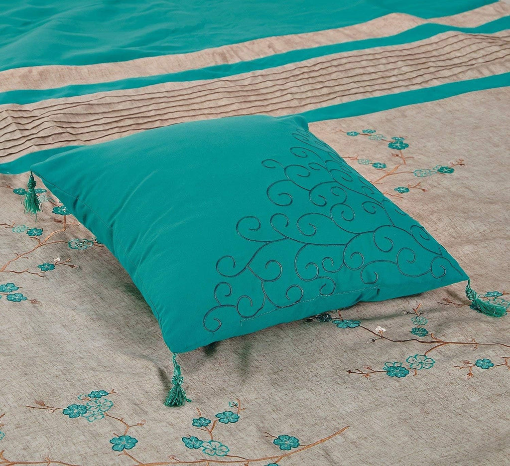 Chezmoi Collection Noriko Luxury 7-Piece Teal Cherry Blossoms Floral Embroidery Bedding Comforter Set, King