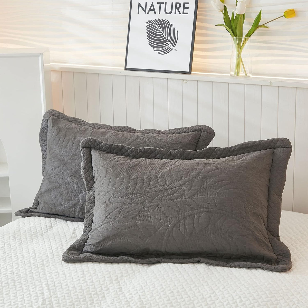 MarCielo 3-Piece 100% Cotton Oversized Bedspread Lightweight Quilt Coverlet Embroidery Farmhouse Bedding Set T0 (Dark Grey, Oversized King (118'x106'))