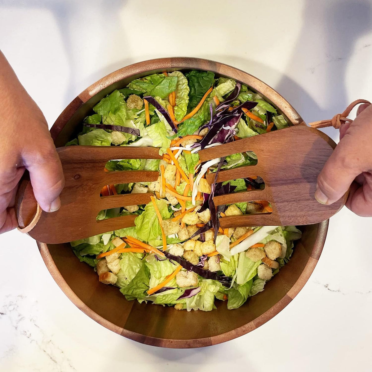 Acacia Wood 10' Salad Serving Bowl with Salad Hands 3 Piece Set by Woodard & Charles ★★PACK OF 4★★