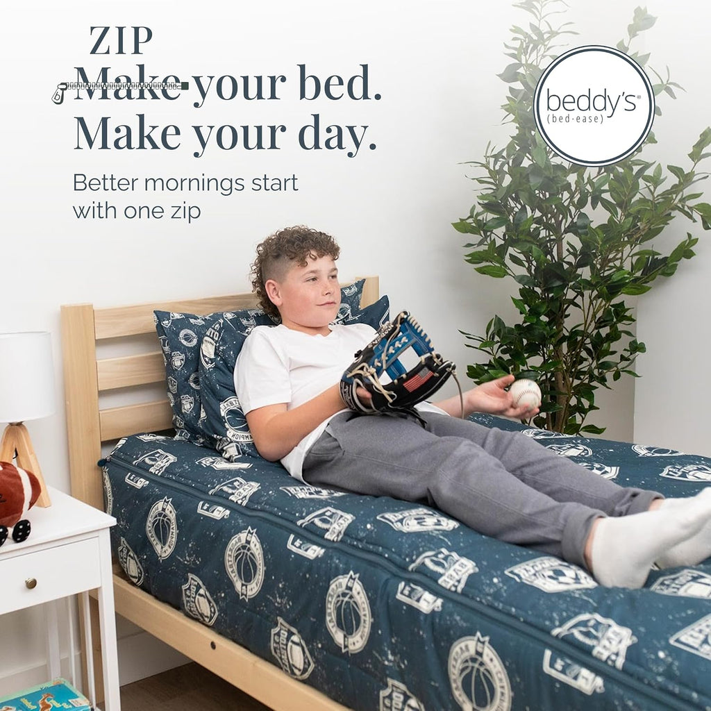 Beddy's Sports Theme Durable Zipper Bedding for Kids - Bed in a Bag - Blue Sheets with Baseball, Football, Basketball, Soccer Comforter - Includes Pillowcase & Sham - Easy to Make & Wash - Queen