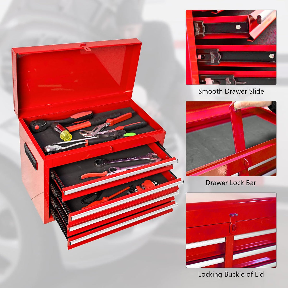 5-Drawer Tool Chest, Rolling Tool Box with Detachable Top Toolbox & Universal Wheels, Tool Cabinet with Lock Bar, Protective Liner & Tool Rack, Metal Storage Cart for Workshop,Garage (Red)