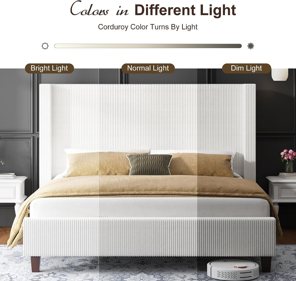 HOWE California King Size Bed Frame with 50.8' Tall Wingback Headboard, Modern Corduroy Upholstered Platform Bed Frame with Solid Wood Slats & Legs, No Box Spring Needed, Noise-Reducing Design, White