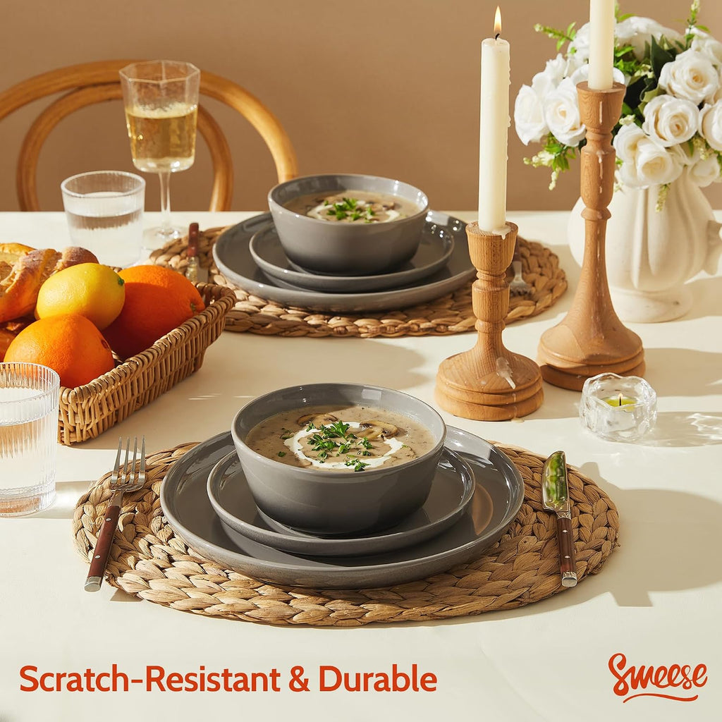 Sweese Porcelain Dinnerware Sets, Handpainted Plates and Bowls Set for 6, Scratch Resistant Dinner Set, Dishwasher and Oven Microwave Safe Dishes Set, Graphite Gray