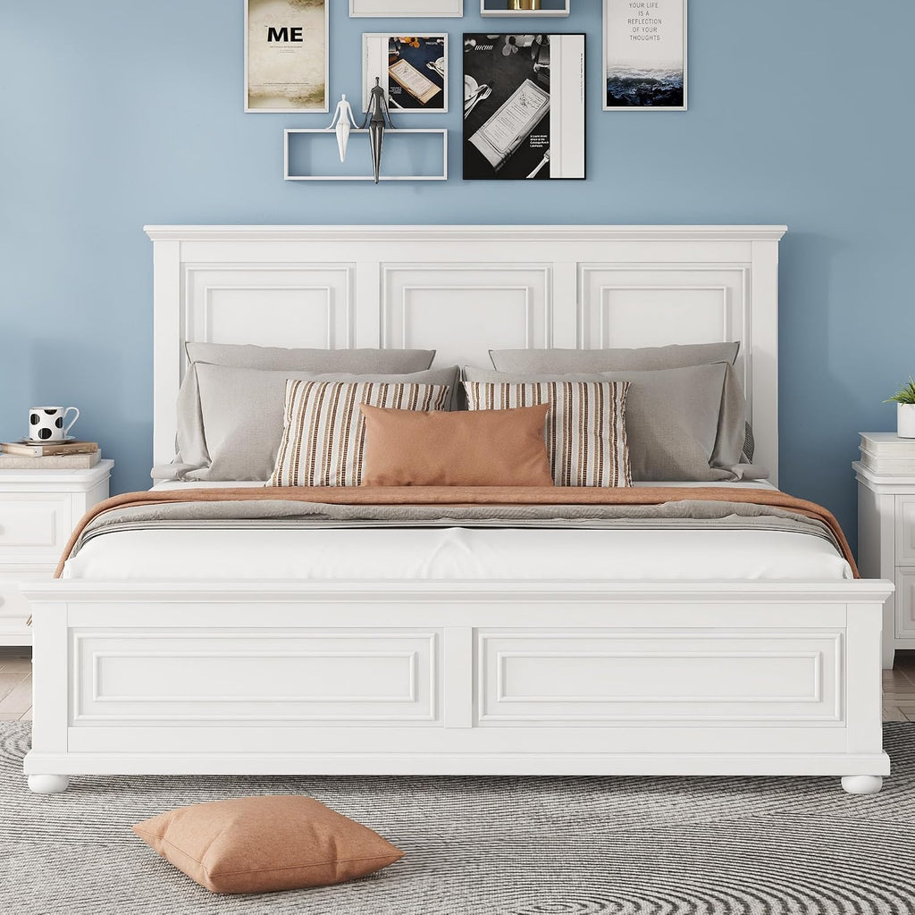 King Size Solid Wood Platform Bed Frame,Wood Bed with USB Charging Station, Solid Wood Leg/No Box Spring Needed/Noise Free/White