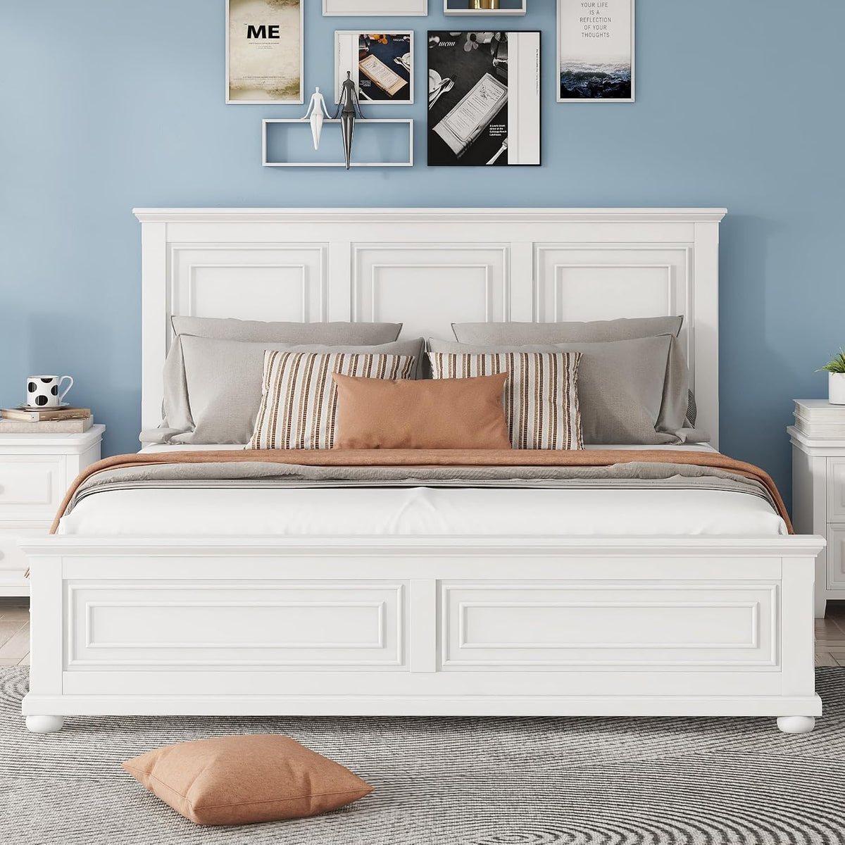 King Size Solid Wood Platform Bed Frame,Wood Bed with USB Charging Station, Solid Wood Leg/No Box Spring Needed/Noise Free/White