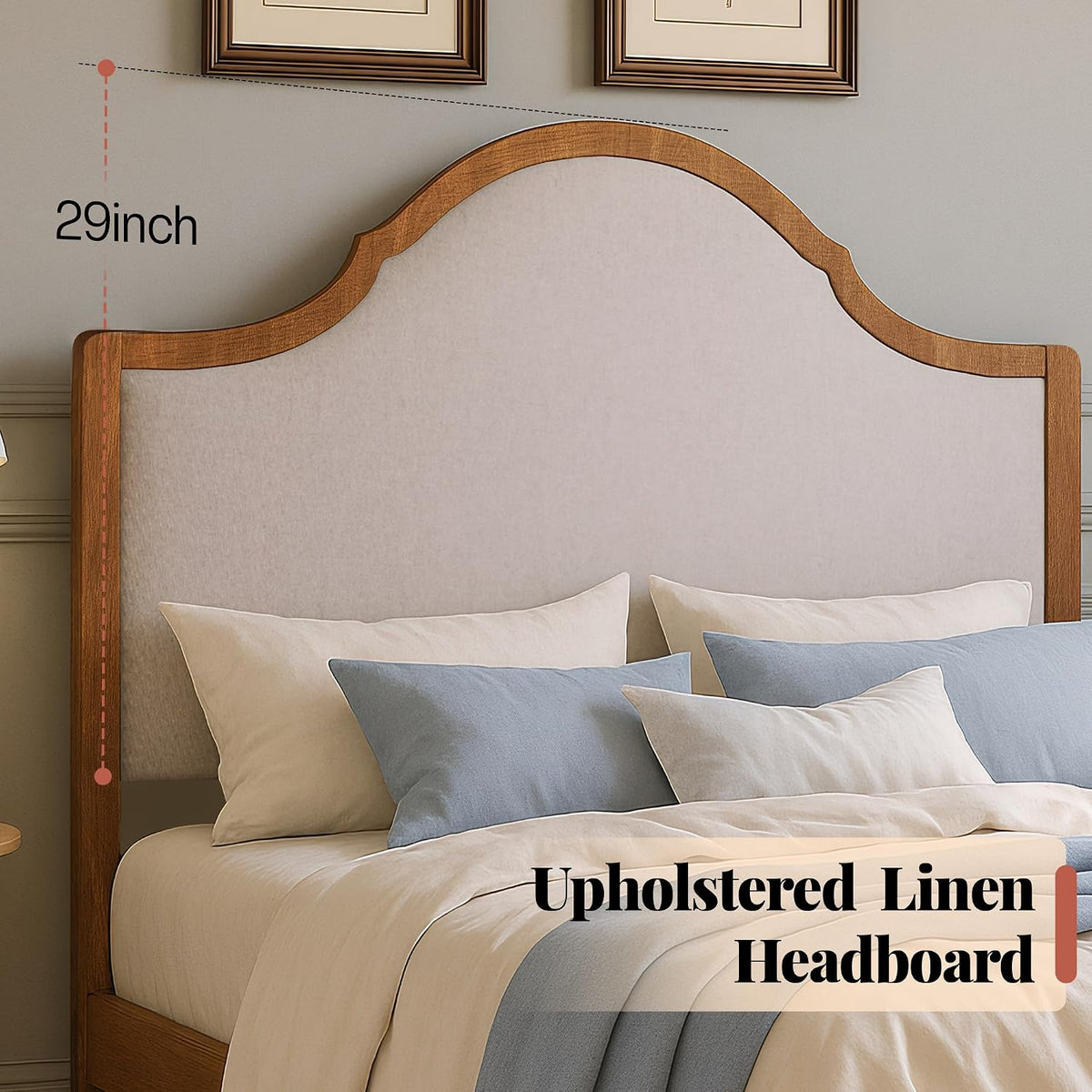 Jocisland Wood Queen Size Bed Frame with Tall Upholstered Curved Headboard, Solid Wood Platform, No Box Spring Needed, Wood Slat Support, Walnut