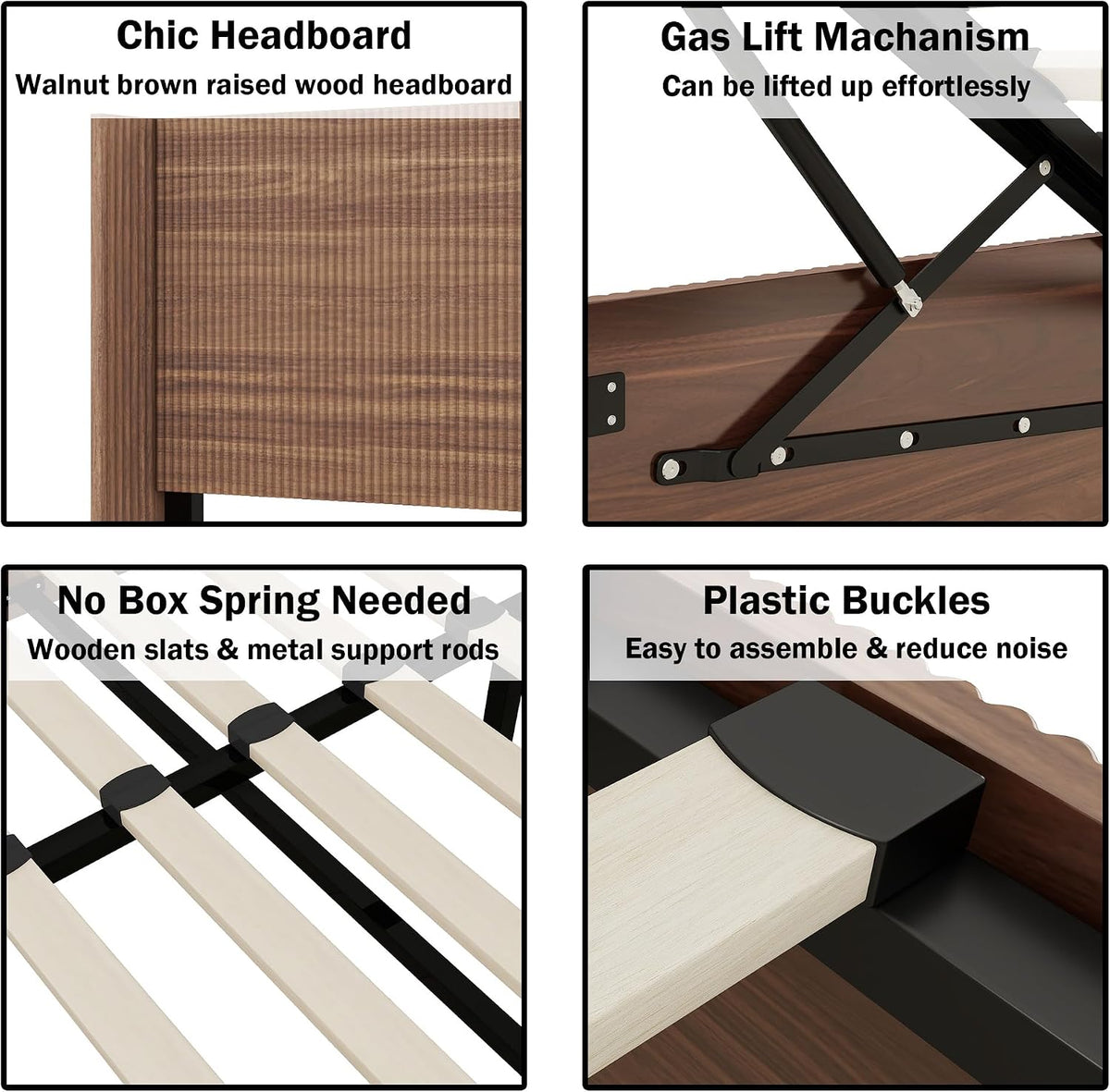 Lift Up Storage Bed King Size, King Bed Frame with Headboard and Lift Storage System, Wood Headboard with Wing-Back and Convex Groove Board Design