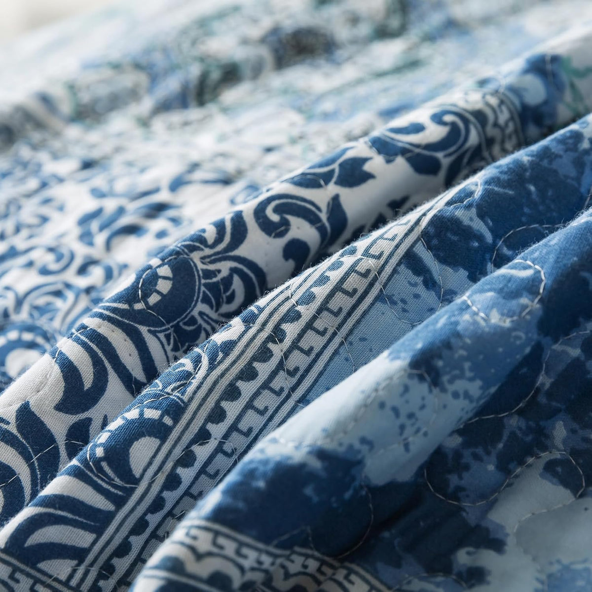NEWLAKE Cotton Bedspread Quilt Sets-Reversible Patchwork Coverlet Set, Blue Classic Bohemian Pattern,California King Size