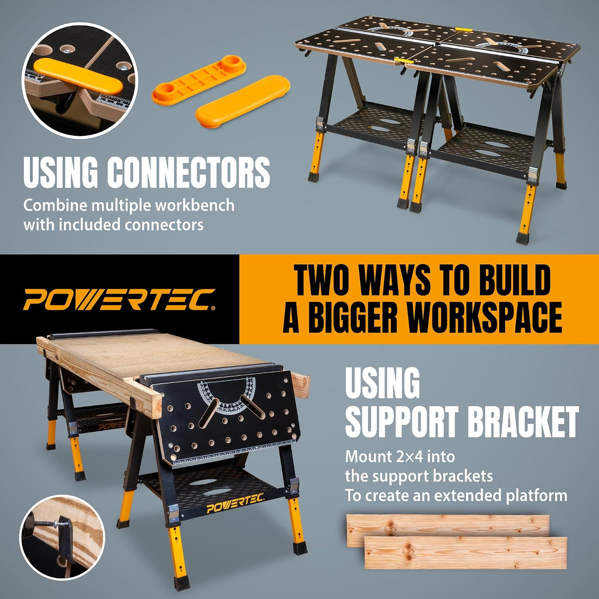 POWERTEC 2-in-1 Folding Work Table & Sawhorse – 1000 lb Capacity Portable Workbench with 8-Level Height Adjustment, Clamps, Bench Dogs & Expandable Support Platform (UT1015)