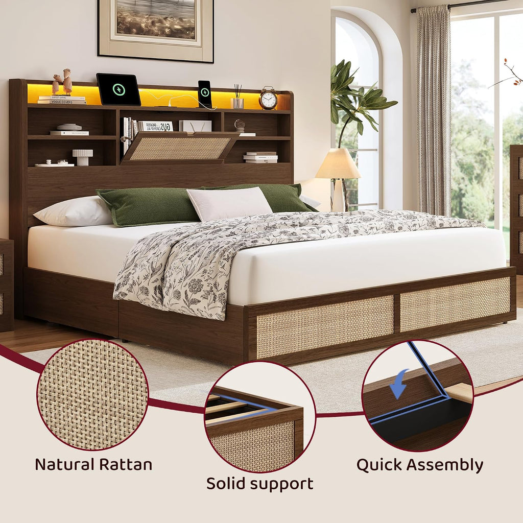 BRELTAM Queen Size Rattan Bed Frame with 4 Storage Drawers and Hidden Storage Headboard Wooden Platform Bed Frame with LED Lights and Charging Station, No Box Spring Needed, Easy Assembly, Brown